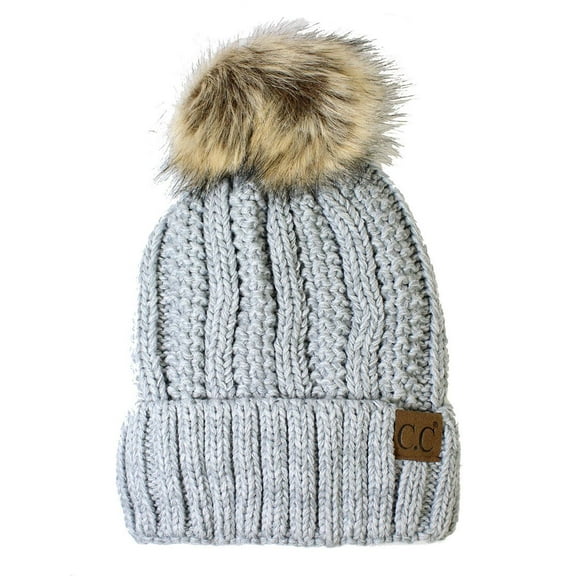 Womens Thick Knit Faux Fuzzy Fur Pom Fleece Lined Beanie