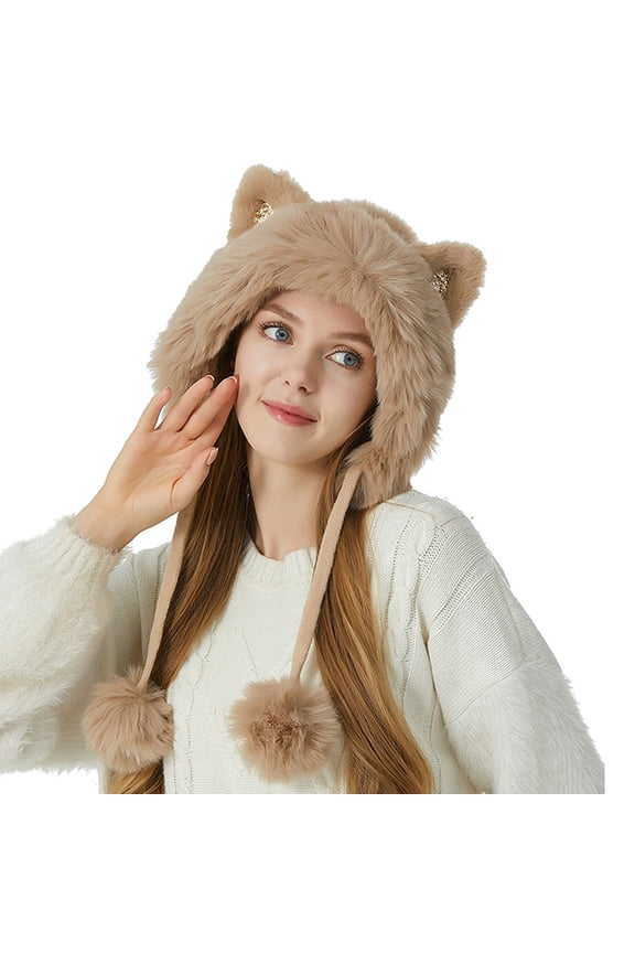 Womens And Thick Knit Hat Cute Cat Ears Three Hair Fashion Wool Hat Warm Hat 1 Caps Warm Baseball Cap Plaid Winter Hat E Weather Gear Flannel Hat Mens Hat And Gloves Beaver Skin Hat Large Trapper Hat