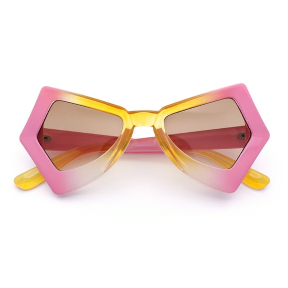 Womens Thick Plastic Bat Shape Tie Dye Color Retro Fashion Plastic Sunglasses Pink Yellow - Brown