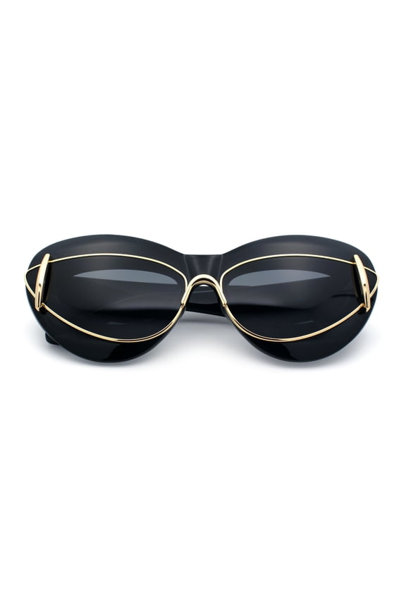 Womens Thick Plastic Cat Eye Double Metal Rim Mod Retro Fashion Sunglasses All Black