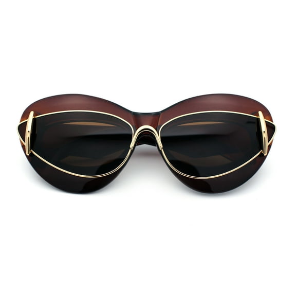 Womens Thick Plastic Cat Eye Double Metal Rim Mod Retro Fashion Sunglasses All Brown