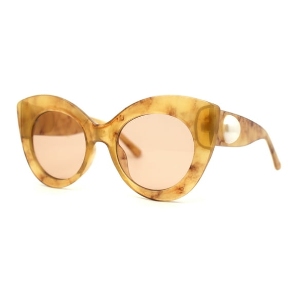 Womens Thick Plastic Large Pearl Jewel Trim Cat Eye Sunglasses Beige Marble Light Brown