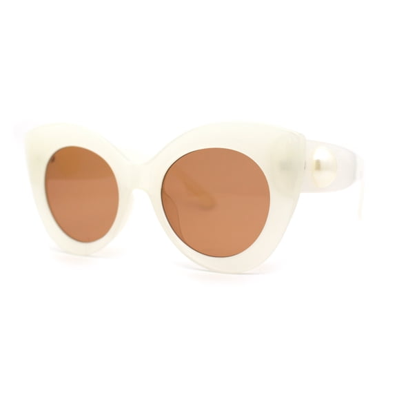 Womens Thick Plastic Large Pearl Jewel Trim Cat Eye Sunglasses White Brown