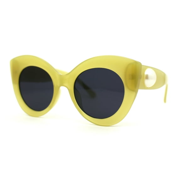 Womens Thick Plastic Large Pearl Jewel Trim Cat Eye Sunglasses Yellow Black