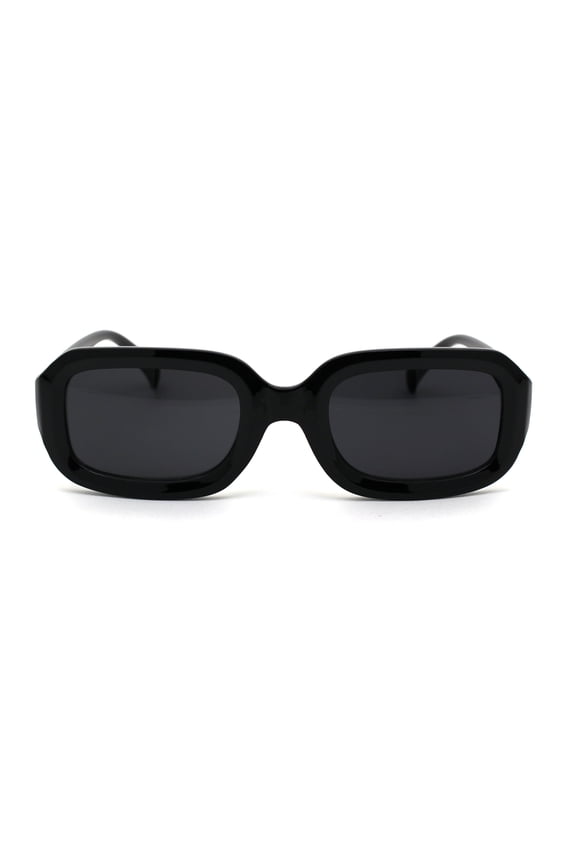 Womens Thick Plastic Mod Narrow Rectangular Retro Sunglasses All Black