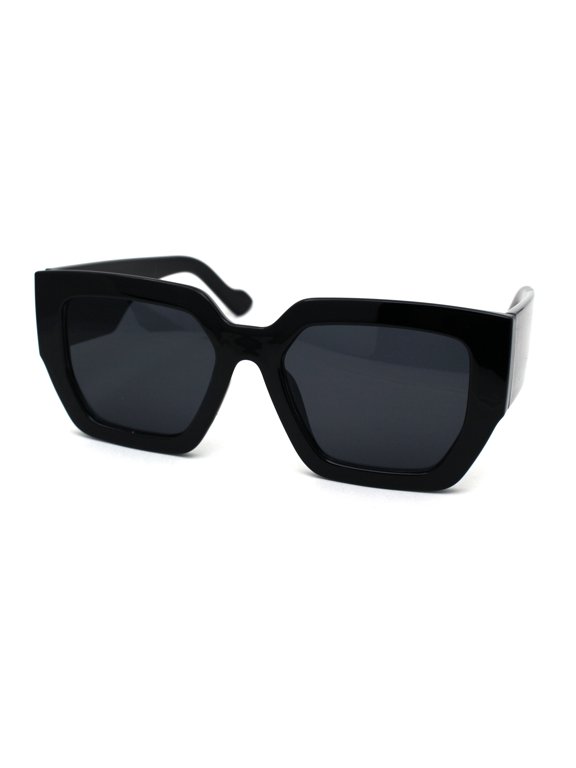 Womens Thick Plastic Squared Geometric Mod Fashion Sunglasses All Black