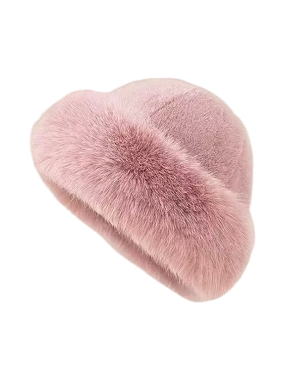 Womens Thick Plush Hat Bucket Hat Soft Warm Winter Cap Rounded Crown Full Plush Trim Casual Cold Weather Hat