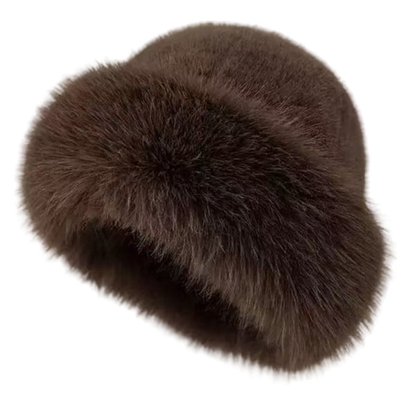 Womens Thick Plush Hat Bucket Hat Soft Warm Winter Cap Rounded Crown Full Plush Trim Casual Cold Weather Hat