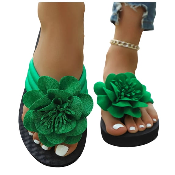Womens Thick Sole Beach Flip Flop Slippers Floral Decor Slip On Casual Summer Comfortable Slides Sandals Army Green 8.5