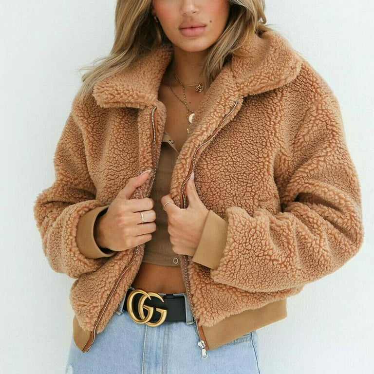 Womens Thick Warm Teddy Bear Pocket Fleece Jacket Coat Zip Up Outwear  Overcoat 