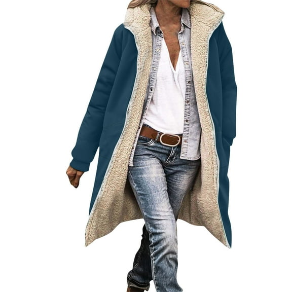 Womens Thick Winter Jacket Sherpa Fleece Lining Hooded Coat Mid Length Long Sleeve Full Zip Overcoat with Pockets (XL, Navy)