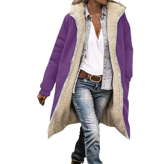 Womens Thick Winter Jacket Sherpa Fleece Lining Hooded Coat Mid Length Long Sleeve Full Zip Overcoat with Pockets (XL, Purple)