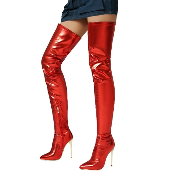 Womens Thigh High Boots Glitter Leather Pointed Toe Sexy Stiletto Heel Stretch Tall Boots Side Zipper Slim Fit Over the Knee Boots Red Size 10.5