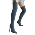 thumbnail image 1 of Womens Thigh High Boots Stretch Denim Stiletto High Heels Pointed Toe Over the Knee Boots Side Zipper Fall Winter Slim Fit Tall Boots Blue Size 7.5, 1 of 7