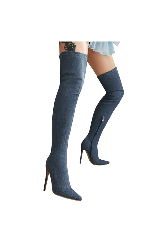 Womens Thigh High Boots Stretch Denim Stiletto High Heels Pointed Toe Over the Knee Boots Side Zipper Fall Winter Slim Fit Tall Boots Blue Size 8