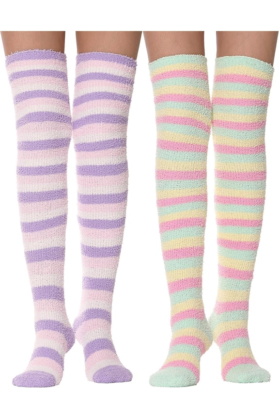 Womens Thigh High Fuzzy Socks Over Knee High Long Striped Stocking Fluffy Cozy Slipper Fleece Gift Socks 2 Pairs