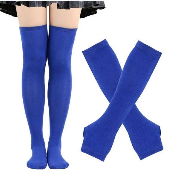 Womens Thigh High Socks Long Knitted Arm Warmers Fingerless Gloves 2 Pairs Halloween Gloves Stockings Set Blue