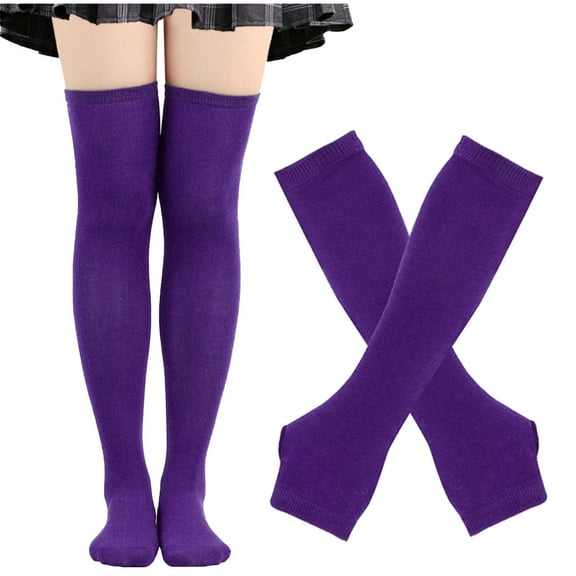 Womens Thigh High Socks Long Knitted Arm Warmers Fingerless Gloves 2 Pairs Halloween Gloves Stockings Set Purple