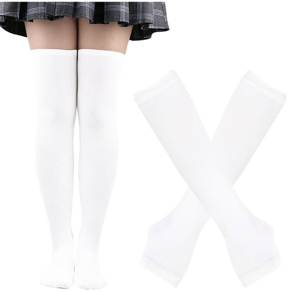 Womens Thigh High Socks Long Knitted Arm Warmers Fingerless Gloves 2 Pairs Halloween Gloves Stockings Set White