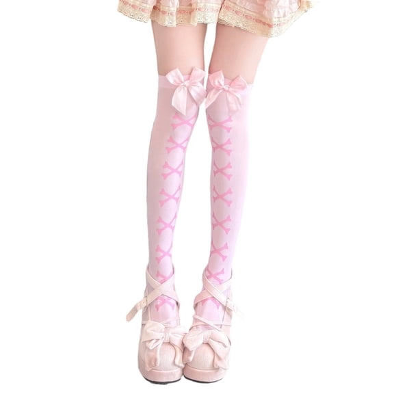 Womens Thigh High Stockings with Bows Accent Heart Skeleton Pattern Cosplay Party Over Knee Long Tube Socks Hosiery