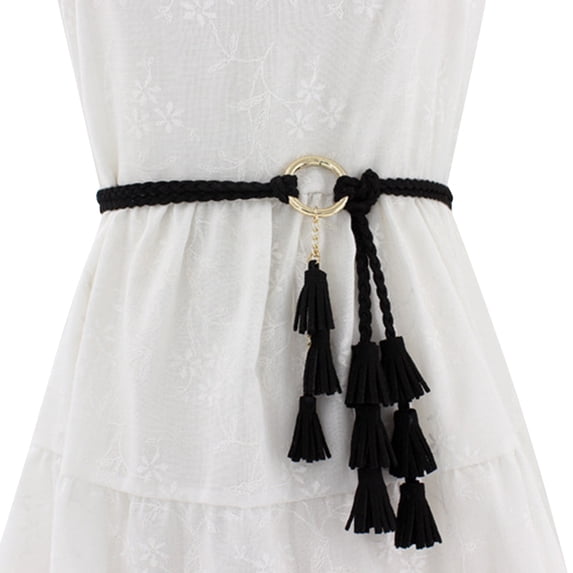Womens Thin Belts,Faux Leather Wide Wrap Around Circle Belt with Tassels, Gold Belts for Defining Waistline, Elevating Outfits & Styling Maxi Dresses, Cocktail Attire Office Wear, Black