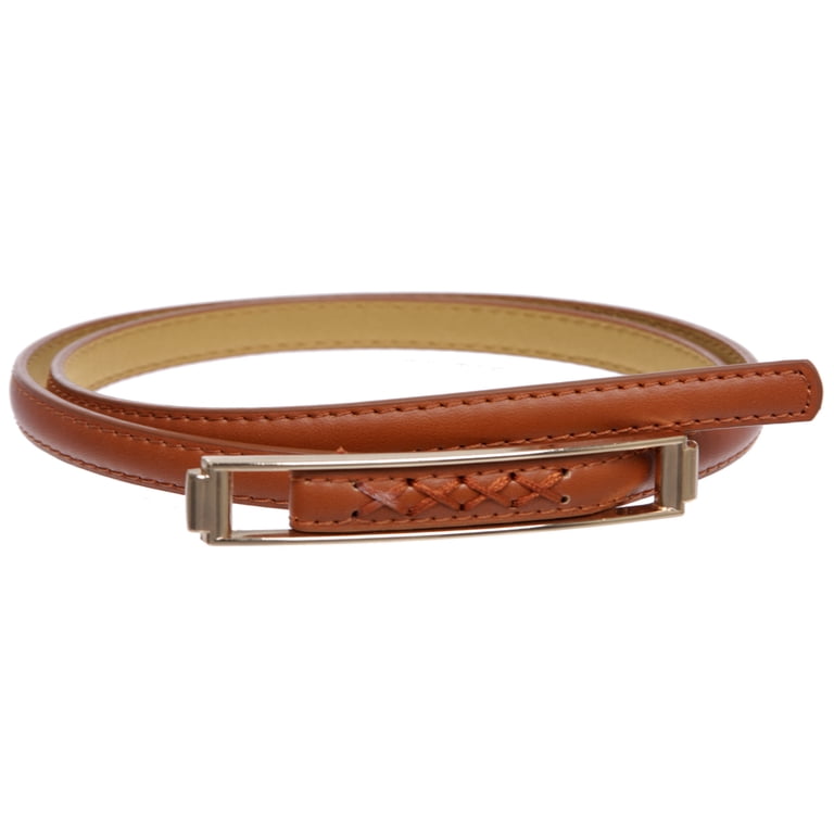 Womens Thin Belts Skinny Faux Leather Stitch Belt with Gold  display picture 2