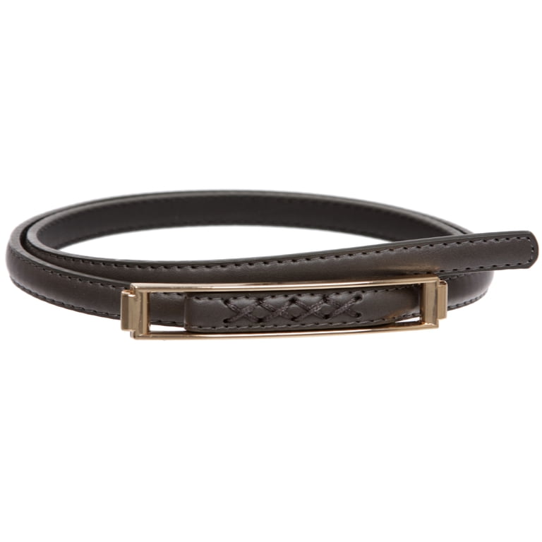 Womens Thin Belts Skinny Faux Leather Stitch Belt with Gold 