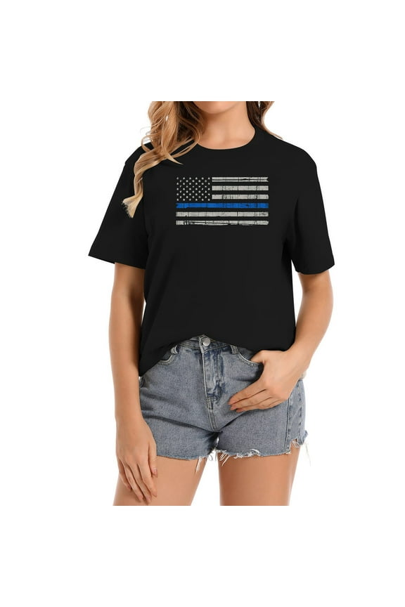 Womens Thin Blue Line American Flag T Shirt Law Enforcement Leo