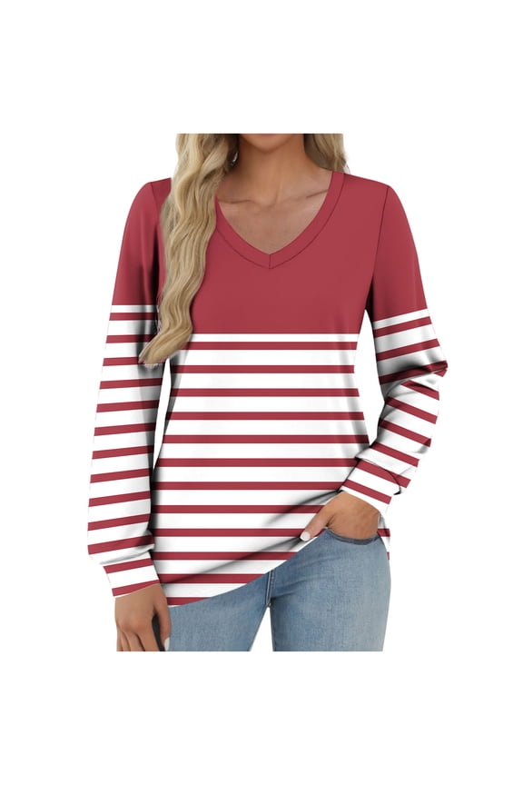 Womens Thin Fall Clothes, Long Sleeve Shirts for Women Fashion Loose Fit Striped Printed Color Patchwork V Neck T-Shirts