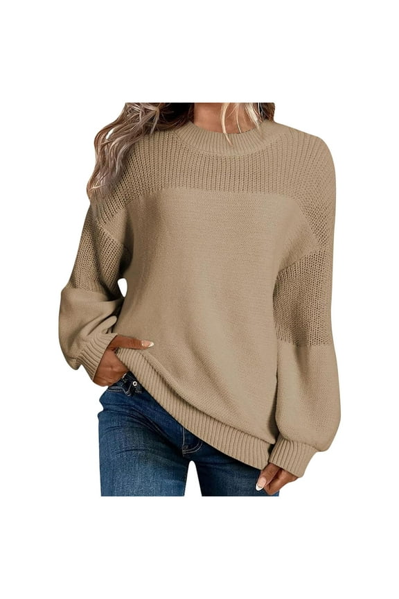 Womens Thin Fall Sweater, Lantern Long Sleeve Pullover for Women Fashion Loose Fit Solid Color Knitted Crewneck Sweaters