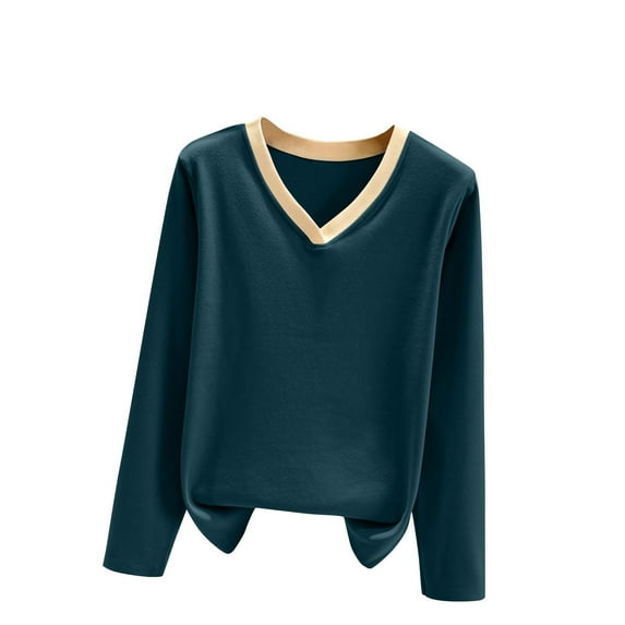 Womens Thin Fall Sweaters, Long Sleeve Pullover for Women Plus Size Fashion Solid Color Warmth Sherpa Fleece V Neck Sweatshirts L-3XL