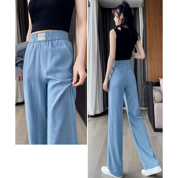 Womens Thin Jeans Elastic Waist Pockets Casual Straight Wide Leg Pants Blue L YIWEI