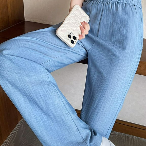 Womens Thin Jeans Elastic Waist Pockets Casual Straight Wide Leg Pants Light Blue S YIWEI