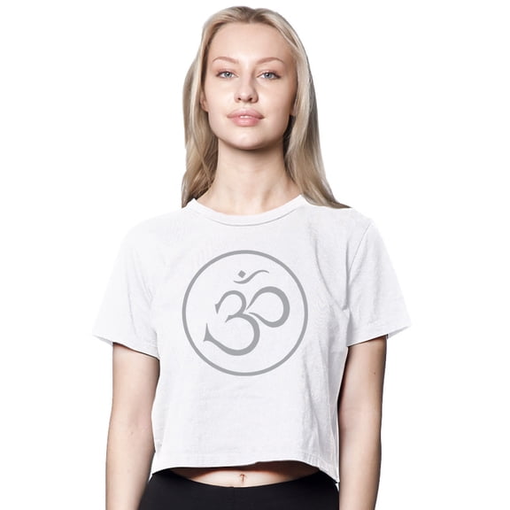 Womens Thin OM Symbol American-Made Cute Cropped Yoga Tee Shirt, XL White
