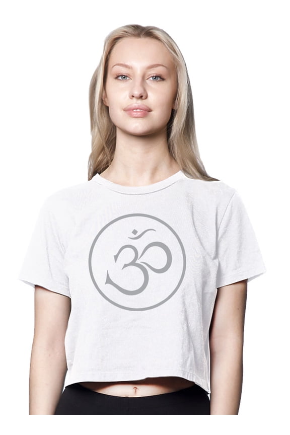 Womens Thin OM Symbol American-Made Cute Cropped Yoga Tee Shirt, XL White
