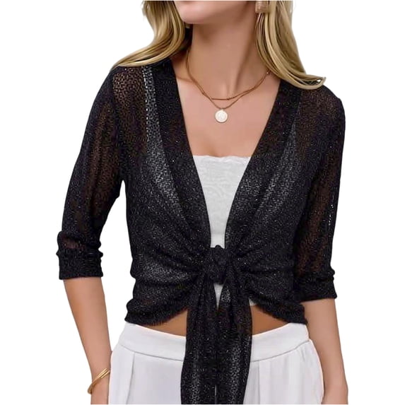 Womens Thin Sheer Shrug 3/4 Sleeve Mesh Bolero Tie Front Cropped Cardigan Black M