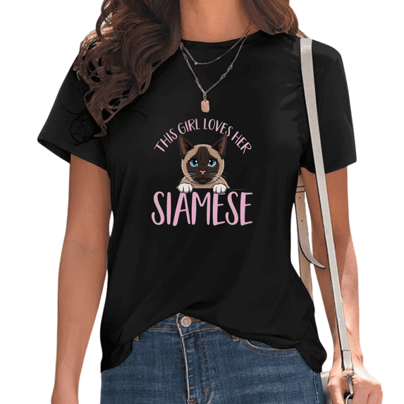 Womens This Girl Loves Her Siamese Print Tshirt Graphic Tees Shirts Black Cat Lover Casual Daily Wear Pet Owner Gift Tops S-5XL