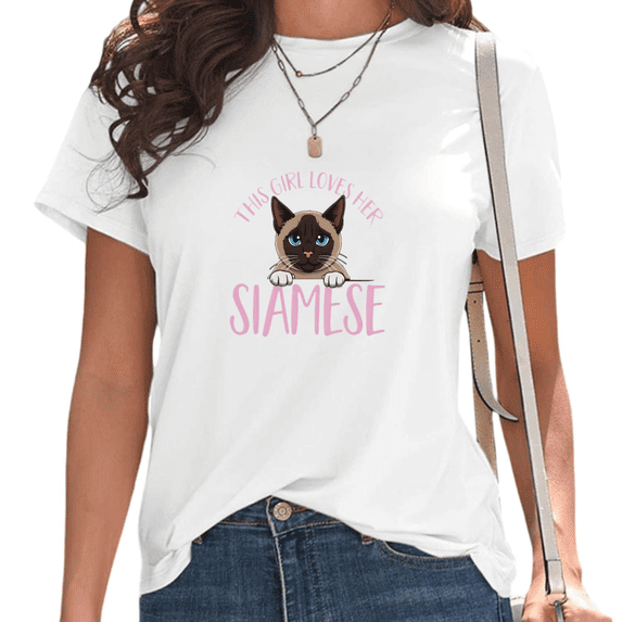 Womens This Girl Loves Her Siamese Print Tshirt Graphic Tees Shirts White Cute Pet Lover Casual Weekend Brunch Vacation Tops S-5XL