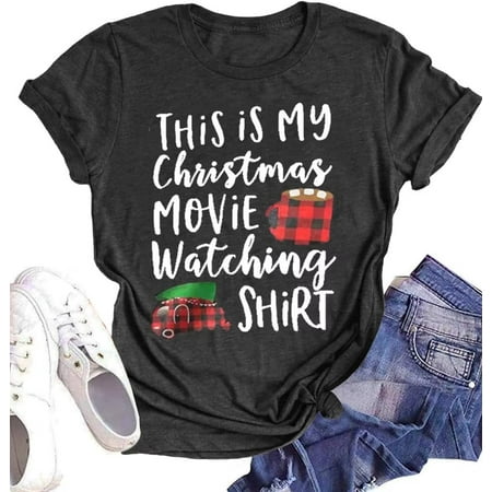 Womens This is My Christmas Movie Watching Shirt T-Shirts Leopard Christmas Tree Graphic Tees (S,23 Dark Gray)