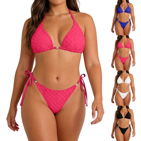 Womens Thong Bikini Sets String Halter Two Piece Swimsuit Cheeky Solid Color Bathing Suit White 4XL(4XL)