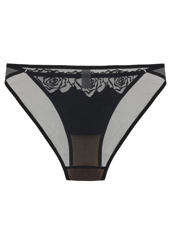Womens Thong Underwear Low Rise Sheer Mesh Panties with Floral Lace, Black Comfort Fit Stretchy Everyday,Size S