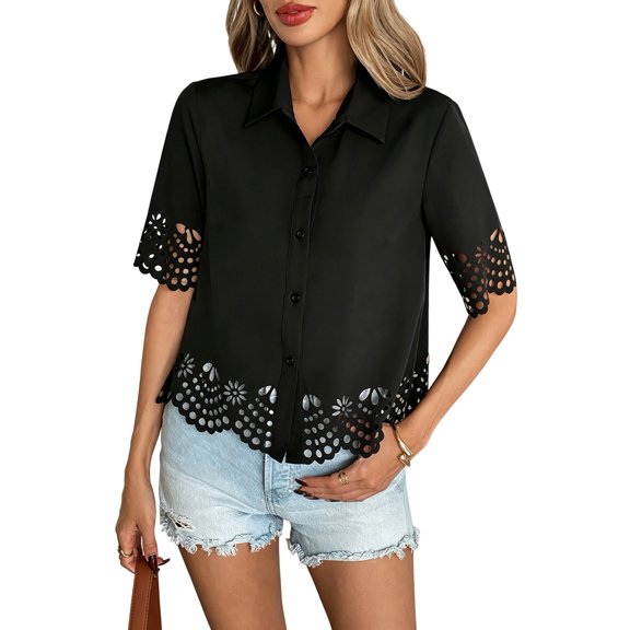 Womens Three-Quarter Bell Sleeve Button Down Shirts Casual Ruffle Hem Tops Eyelet Blouse Black XXL