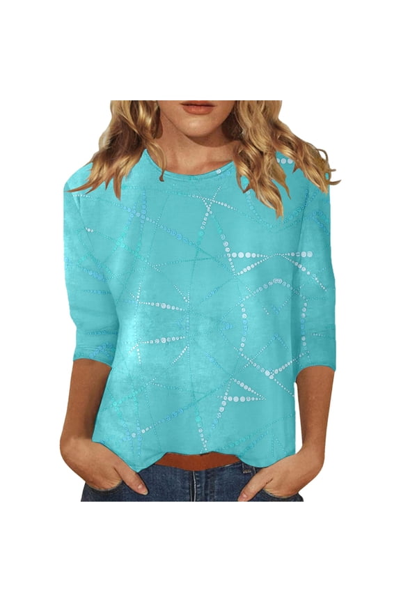 Womens Three Quarter Sleeve Tee Casual Fashion Top Soft Blouse Solid Color Light Blue S