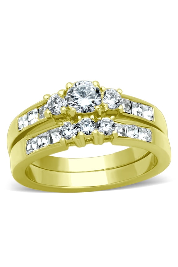 Three-Stone Gold Cubic Zirconia Stainless Steel Wedding Ring Set, Size 5