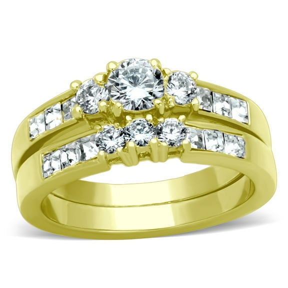 La Ny Jewelry Three-Stone Round CZ Gold IP Stainless Steel Wedding Ring Set, Size 6