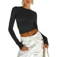 thumbnail image 1 of Womens Thumbhole Long Sleeve Round Neck Slim Fitted Crop Top Solid Color Bodycon Basic Short Pullover T-Shirt Blouse, 1 of 19