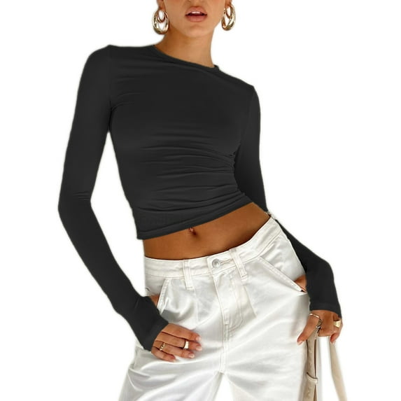 Womens Thumbhole Long Sleeve Round Neck Slim Fitted Crop Top Solid Color Bodycon Basic Short Pullover T-Shirt Blouse
