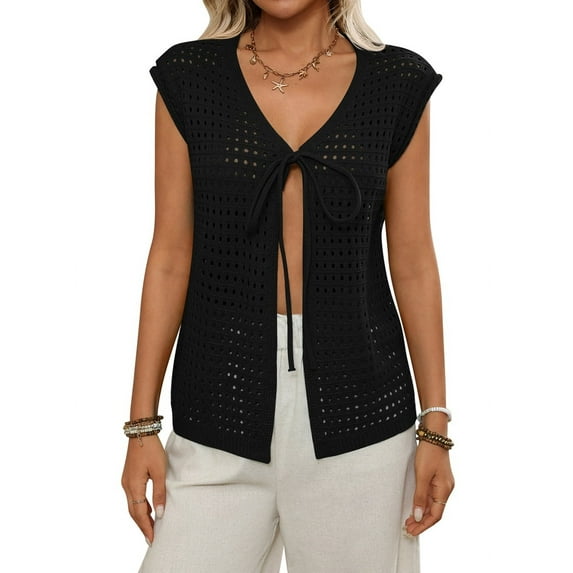 Womens Tie Crochet Shrug Short Sleeve Open Front Knit Cropped Cardigan Sweaters Cover Up Black S