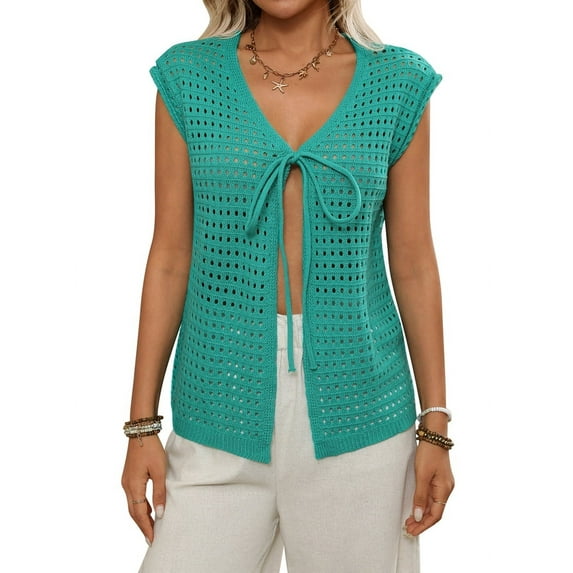 Womens Tie Crochet Shrug Short Sleeve Open Front Knit Cropped Cardigan Sweaters Cover Up Green XL