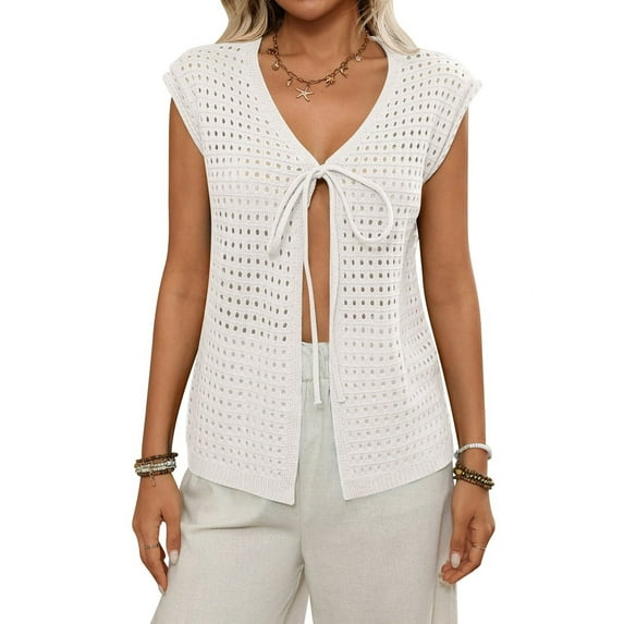 Womens Tie Crochet Shrug Short Sleeve Open Front Knit Cropped Cardigan Sweaters Cover Up S